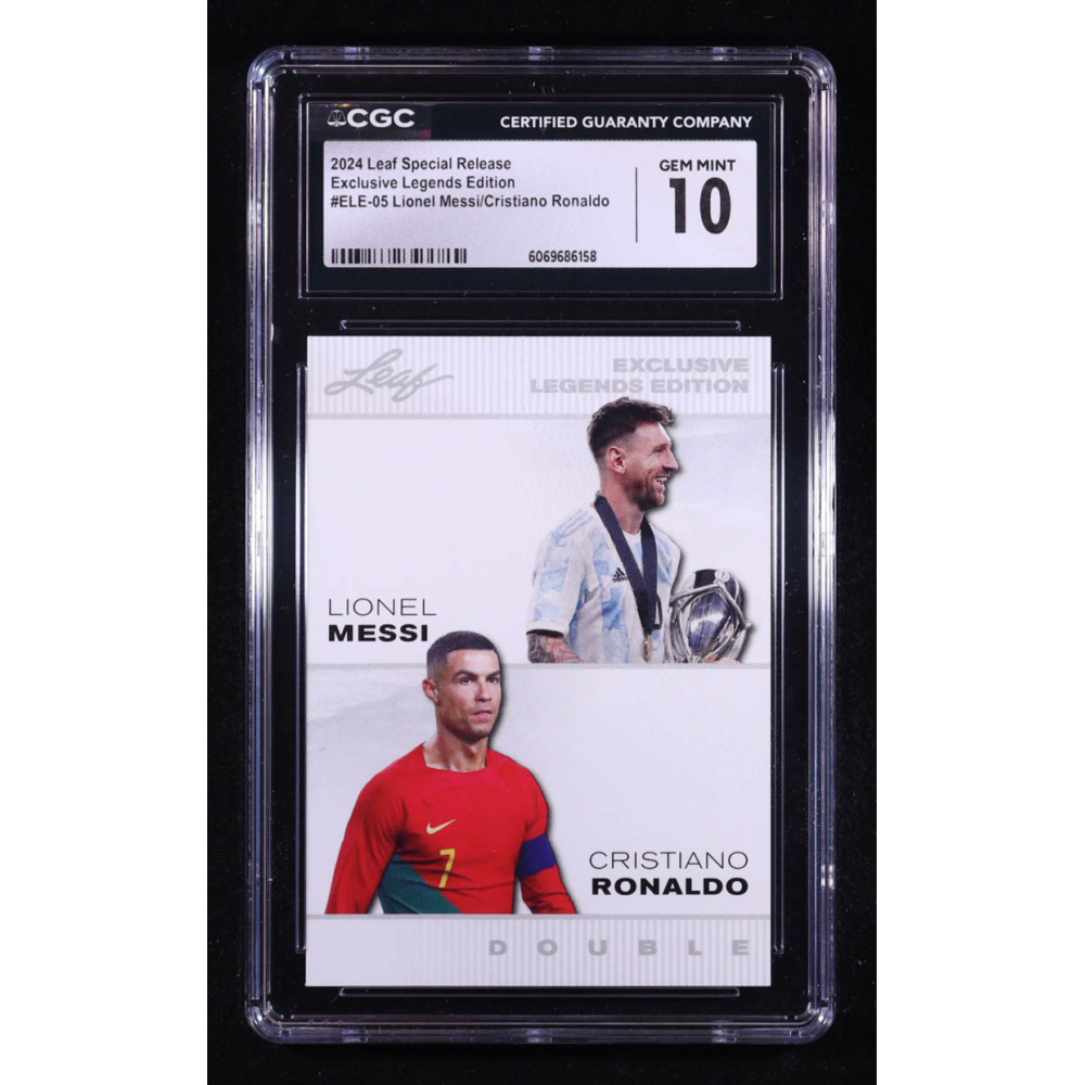 Lionel Messi / Cristiano Ronaldo 2024 Leaf Special Release Exclusive Legends Edition #ELE05 (CGC 10) at PristineAuction.com Lionel Messi / Cristiano Ronaldo 2024 Leaf Special Release Exclusive Legends Edition #ELE05 (CGC 10) at PristineAuction.com