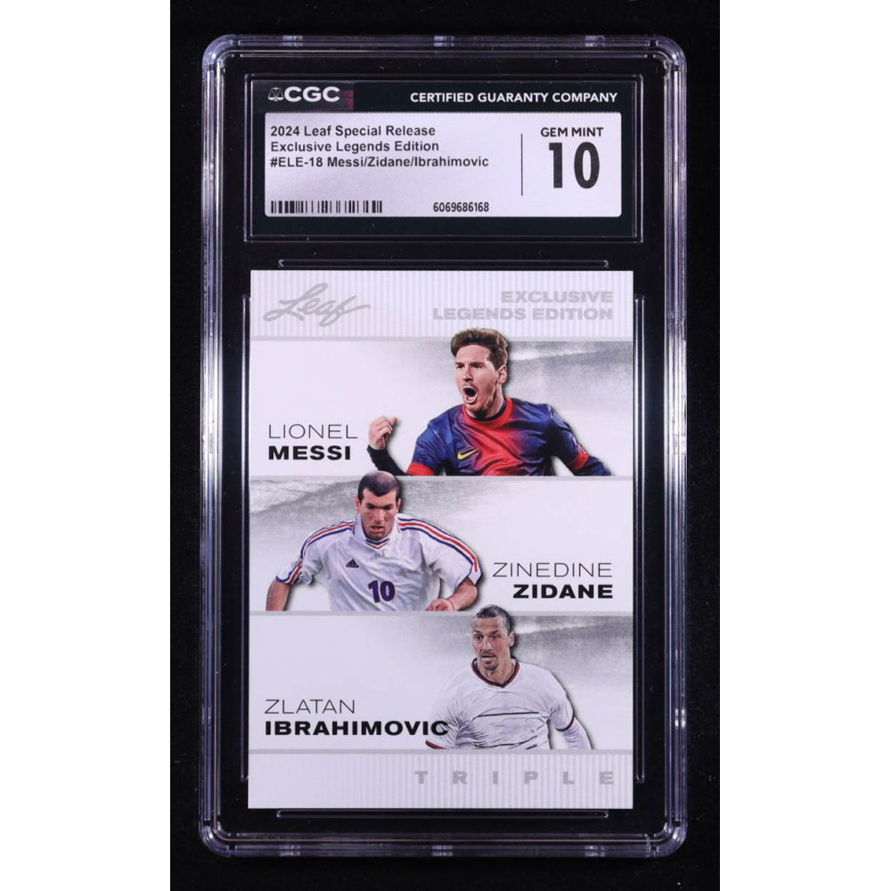 Lionel Messi / Zinedine Zidane / Zlatan Ibrahimovic 2024 Leaf Special Release Exclusive Legends Edition #ELE18 (CGC 10) at PristineAuction.com Lionel Messi / Zinedine Zidane / Zlatan Ibrahimovic 2024 Leaf Special Release Exclusive Legends Edition #ELE18 (CGC 10) at PristineAuction.com