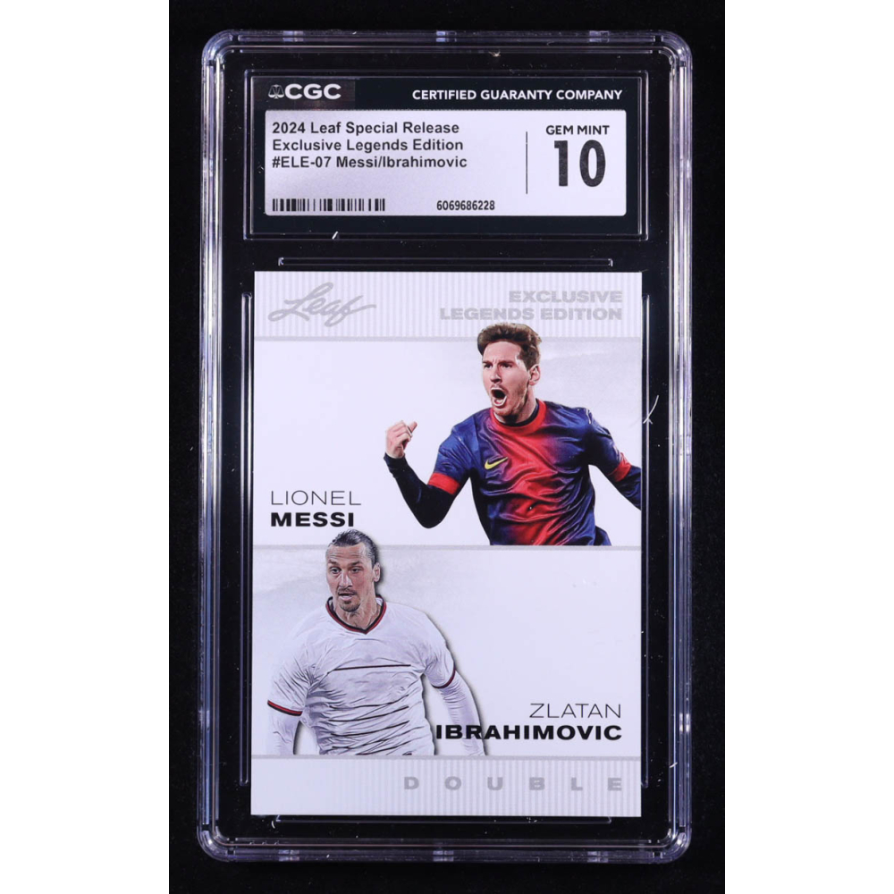 Lionel Messi / Zlatan Ibrahimovic 2024 Leaf Special Release Exclusive Legends Edition #ELE07 (CGC 10) at PristineAuction.com Lionel Messi / Zlatan Ibrahimovic 2024 Leaf Special Release Exclusive Legends Edition #ELE07 (CGC 10) at PristineAuction.com