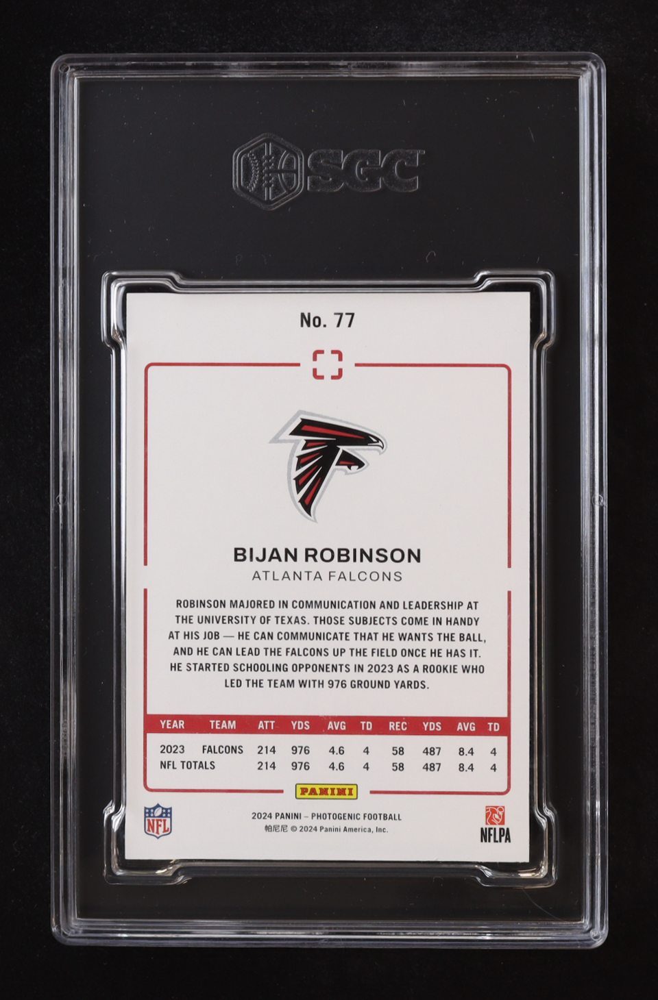 Bijan Robinson 2024 Panini Photogenic #77 (SGC 10) at PristineAuction.com Bijan Robinson 2024 Panini Photogenic #77 (SGC 10) at PristineAuction.com