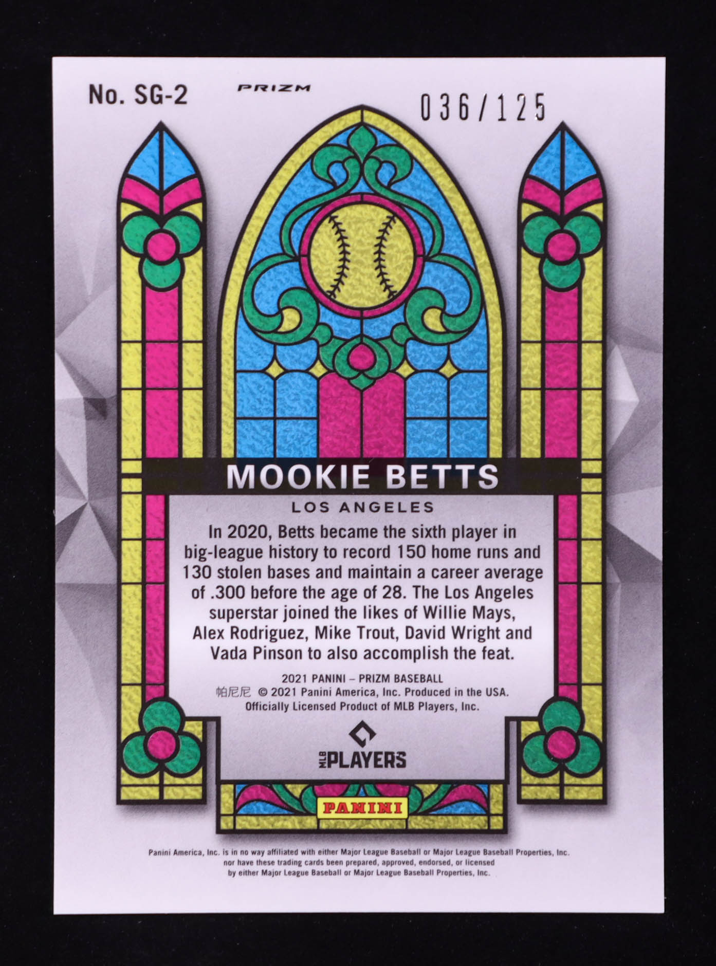 Mookie Betts 2021 Panini Prizm Stained Glass Prizms Lime Green #2 #036/125 at PristineAuction.com Mookie Betts 2021 Panini Prizm Stained Glass Prizms Lime Green #2 #036/125 at PristineAuction.com