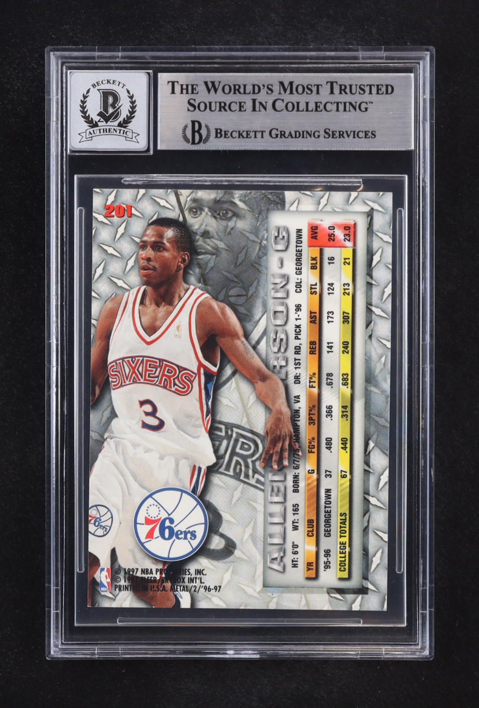 Allen Iverson Signed 1996-97 Fleer Metal Auto #201 RC (Beckett | Autograph Grade BGS 10) at PristineAuction.com Allen Iverson Signed 1996-97 Fleer Metal Auto #201 RC (Beckett | Autograph Grade BGS 10) at PristineAuction.com