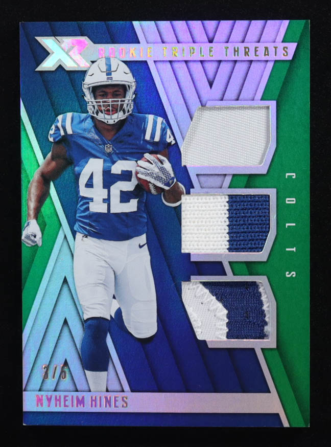 Nyheim Hines 2018 Panini XR Rookie Triple Threats Materials Green #29 #3/5 RC at PristineAuction.com Nyheim Hines 2018 Panini XR Rookie Triple Threats Materials Green #29 #3/5 RC at PristineAuction.com