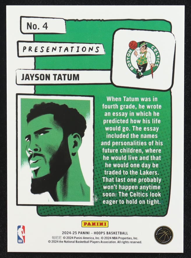 Jayson Tatum 2024-25 Hoops Presentations #4 at PristineAuction.com Jayson Tatum 2024-25 Hoops Presentations #4 at PristineAuction.com