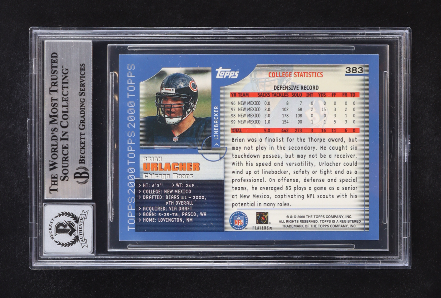 Brian Urlacher Signed 2000 Topps Auto #383 RC (Beckett | Autograph Grade BGS 10) at PristineAuction.com Brian Urlacher Signed 2000 Topps Auto #383 RC (Beckett | Autograph Grade BGS 10) at PristineAuction.com