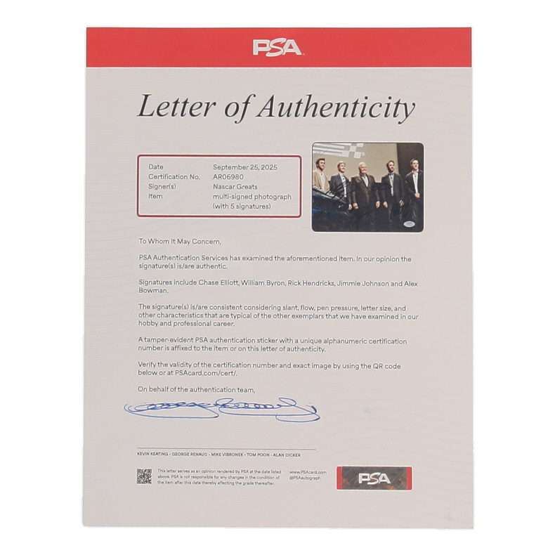 NASCAR 8x10 Photo Signed By (5) with Rick Hendrick, Jimmie Johnson, Alex Bowman, Chase Elliott & William Byron (PSA) at PristineAuction.com NASCAR 8x10 Photo Signed By (5) with Rick Hendrick, Jimmie Johnson, Alex Bowman, Chase Elliott & William Byron (PSA) at PristineAuction.com