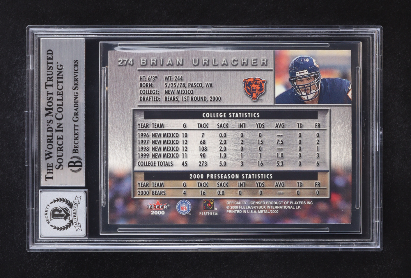 Brian Urlacher Signed 2000 Fleer Metal Auto #274 RC (Beckett | Autograph Grade BGS 10) at PristineAuction.com Brian Urlacher Signed 2000 Fleer Metal Auto #274 RC (Beckett | Autograph Grade BGS 10) at PristineAuction.com