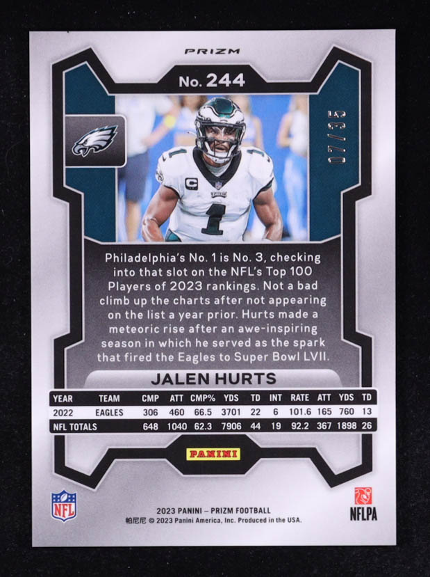 Jalen Hurts 2023 Panini Prizm Prizms Red Shimmer #244 #7/35 at PristineAuction.com Jalen Hurts 2023 Panini Prizm Prizms Red Shimmer #244 #7/35 at PristineAuction.com