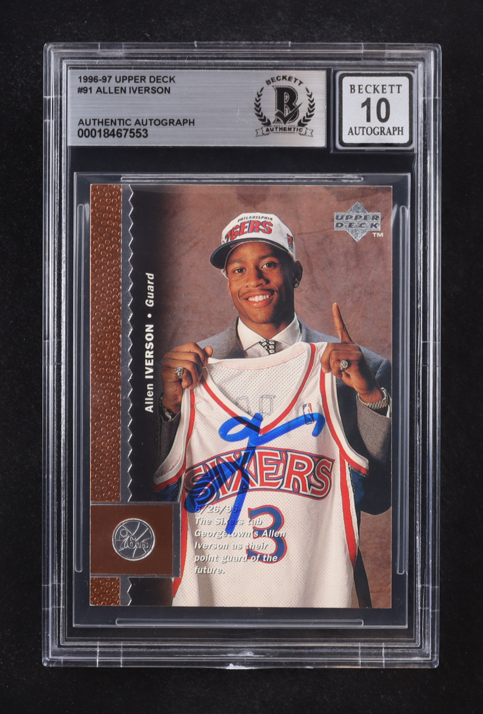 Allen Iverson Signed 1996-97 Upper Deck Auto #91 RC (Beckett | Autograph Grade BGS 10) at PristineAuction.com Allen Iverson Signed 1996-97 Upper Deck Auto #91 RC (Beckett | Autograph Grade BGS 10) at PristineAuction.com