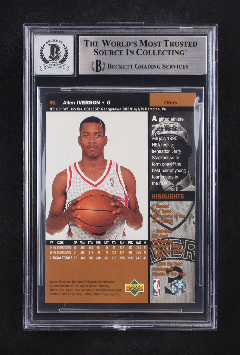 Allen Iverson Signed 1996-97 Upper Deck Auto #91 RC (Beckett | Autograph Grade BGS 10) at PristineAuction.com Allen Iverson Signed 1996-97 Upper Deck Auto #91 RC (Beckett | Autograph Grade BGS 10) at PristineAuction.com