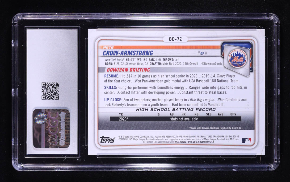 Pete Crow-Armstrong 2020 Bowman Draft #BD72 RC (CGC 10) at PristineAuction.com Pete Crow-Armstrong 2020 Bowman Draft #BD72 RC (CGC 10) at PristineAuction.com