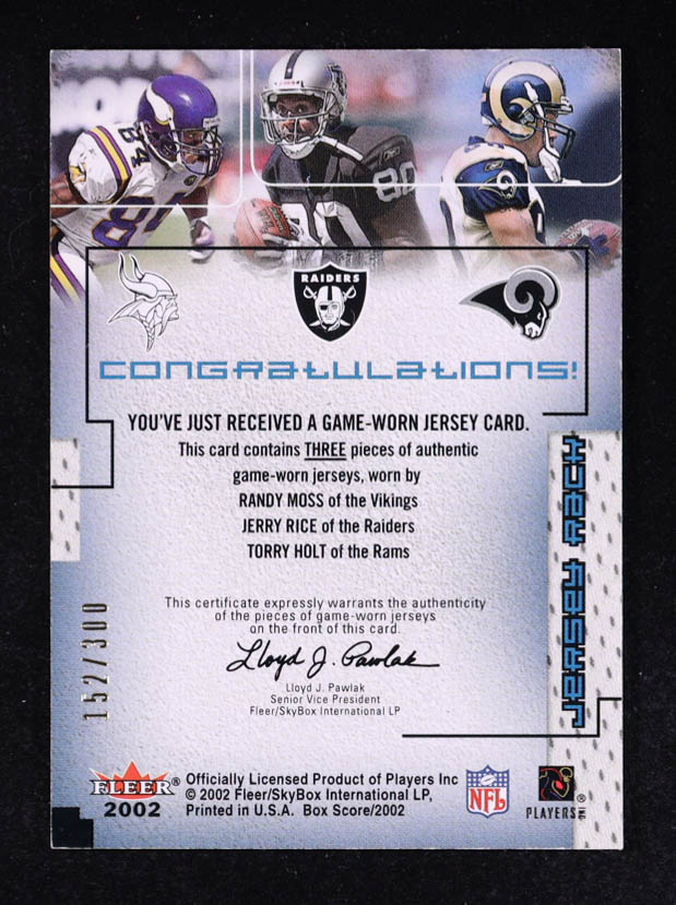 Randy Moss / Jerry Rice / Torry Holt 2002 Fleer Box Score Jersey Rack Triples #2 #152/300 at PristineAuction.com Randy Moss / Jerry Rice / Torry Holt 2002 Fleer Box Score Jersey Rack Triples #2 #152/300 at PristineAuction.com