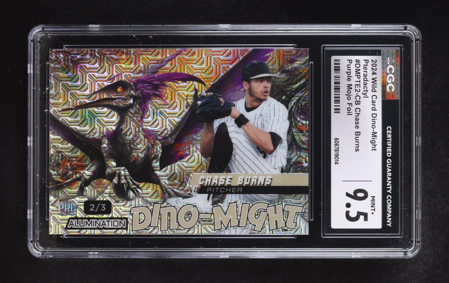Chase Burns 2024 Wild Card Dino-Might Pteradactyl Purple Mojo Foil #DMPTE2-CB RC #2/3 (CGC 9.5) at PristineAuction.com Chase Burns 2024 Wild Card Dino-Might Pteradactyl Purple Mojo Foil #DMPTE2-CB RC #2/3 (CGC 9.5) at PristineAuction.com