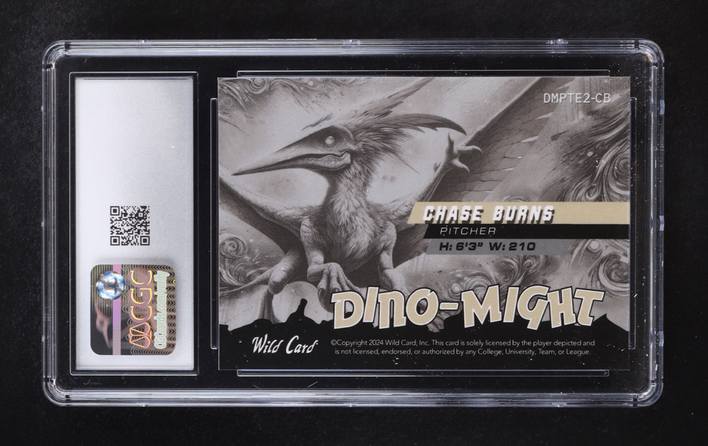 Chase Burns 2024 Wild Card Dino-Might Pteradactyl Purple Mojo Foil #DMPTE2-CB RC #2/3 (CGC 9.5) at PristineAuction.com Chase Burns 2024 Wild Card Dino-Might Pteradactyl Purple Mojo Foil #DMPTE2-CB RC #2/3 (CGC 9.5) at PristineAuction.com