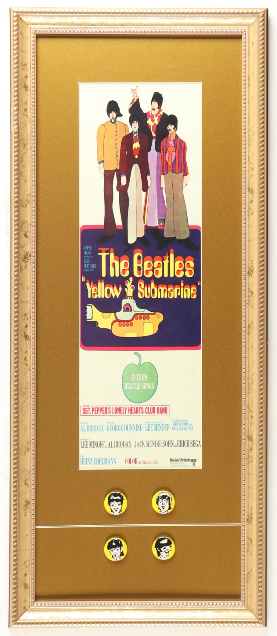 "Yellow Submarine" Custom Framed "The Beatles" Poster Print Display With Vintage Set of (4) Beatles Pins at PristineAuction.com "Yellow Submarine" Custom Framed "The Beatles" Poster Print Display With Vintage Set of (4) Beatles Pins at PristineAuction.com