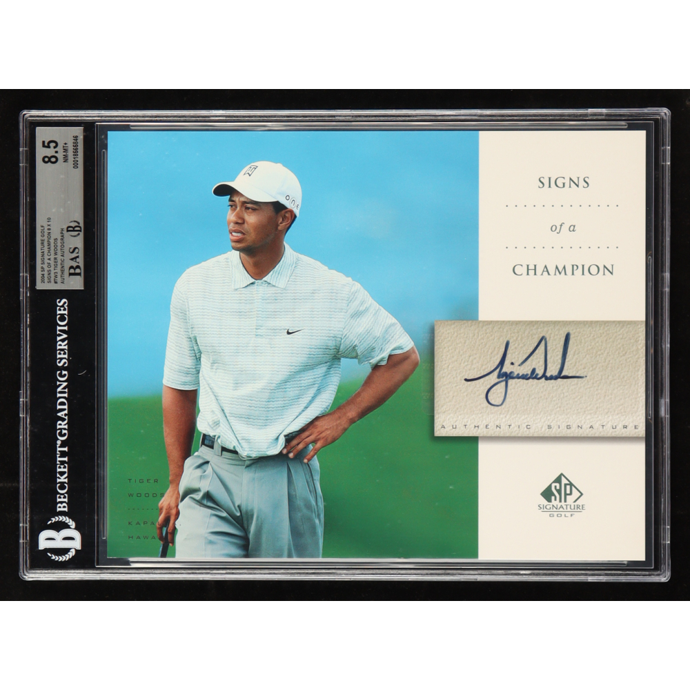 Tiger Woods 2004 Upper Deck SP Signs of a Champion Signatures Jumbo 8x10 Card (BGS 8.5) at PristineAuction.com