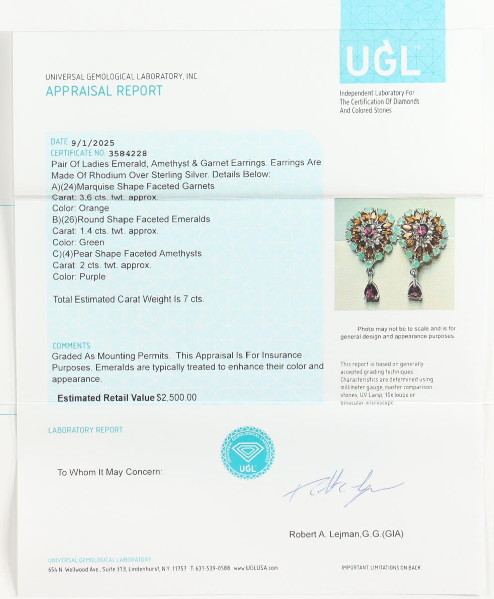 New 7 CTW Pair of Emerald, Amethyst & Garnet Earrings | Estimated Retail Value: $2,500 (UGL) at PristineAuction.com New 7 CTW Pair of Emerald, Amethyst & Garnet Earrings | Estimated Retail Value: $2,500 (UGL) at PristineAuction.com