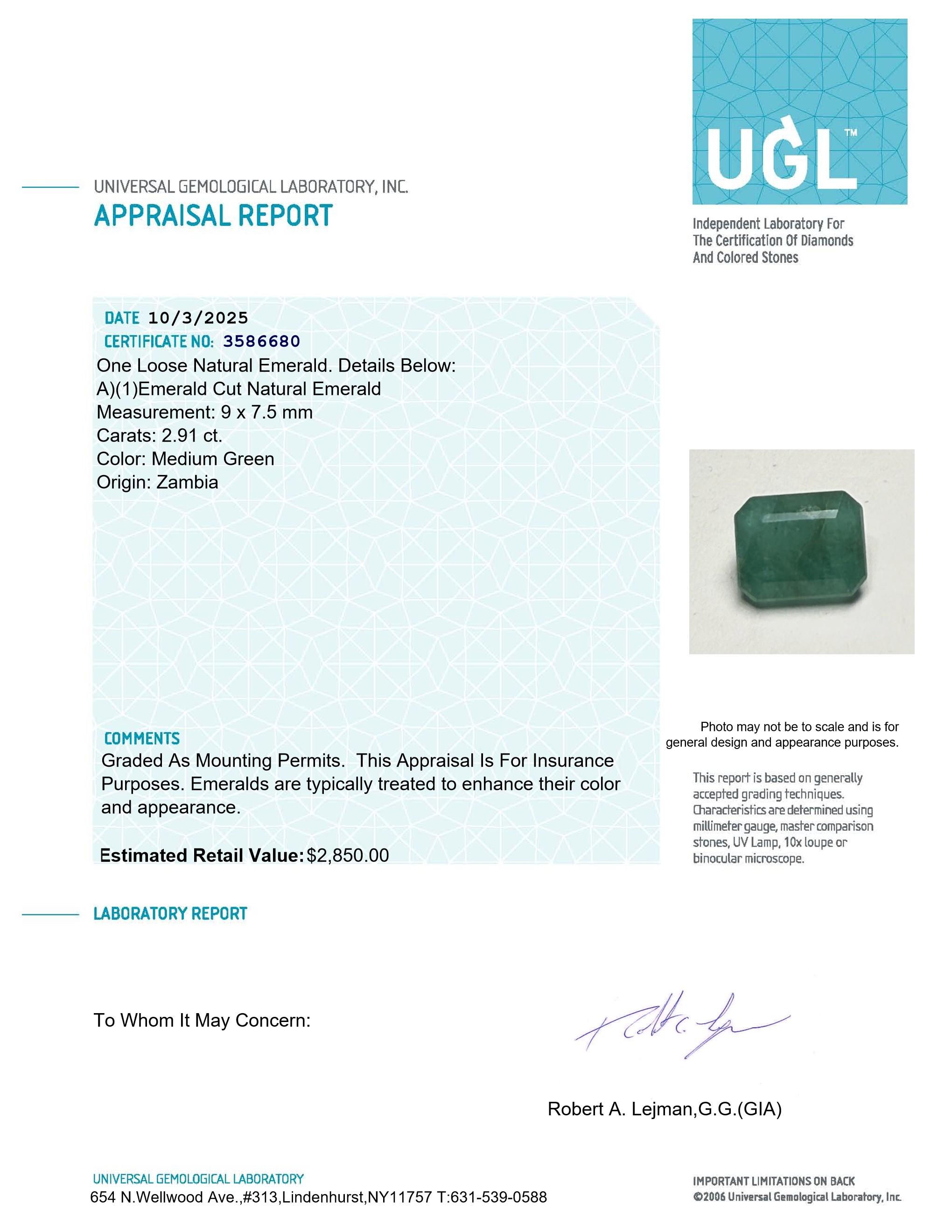 2.91 Carats Loose Emerald | Estimated Retail Value: $2,850 (UGL) at PristineAuction.com 2.91 Carats Loose Emerald | Estimated Retail Value: $2,850 (UGL) at PristineAuction.com