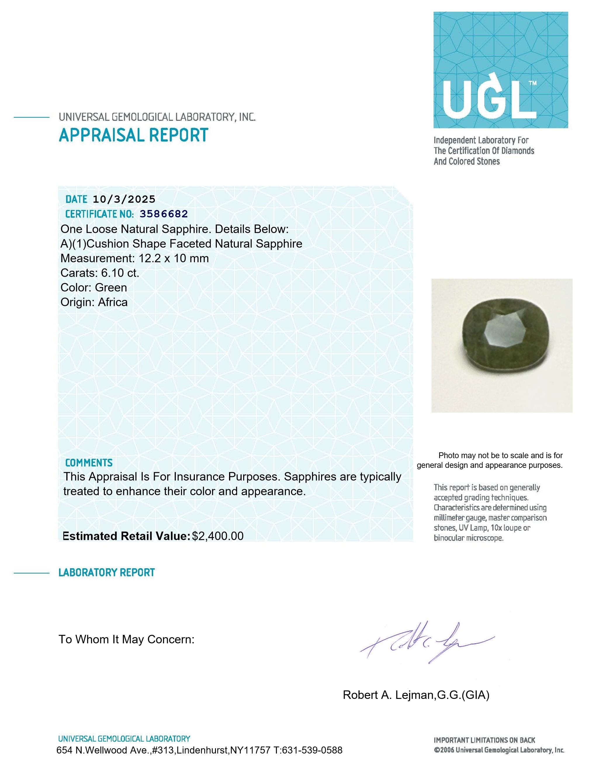 6.10 Carats Loose Green Sapphire | Estimated Retail Value: $2,400 (UGL) at PristineAuction.com 6.10 Carats Loose Green Sapphire | Estimated Retail Value: $2,400 (UGL) at PristineAuction.com