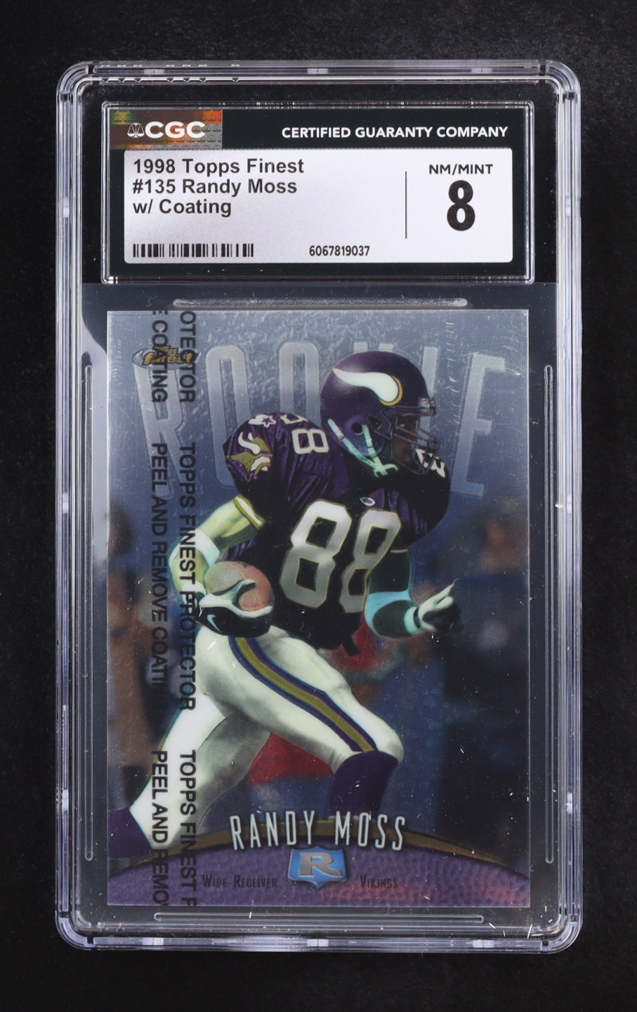 Randy Moss 1998 Topps Finest W/Coating #135 RC (CGC 8) at PristineAuction.com Randy Moss 1998 Topps Finest W/Coating #135 RC (CGC 8) at PristineAuction.com