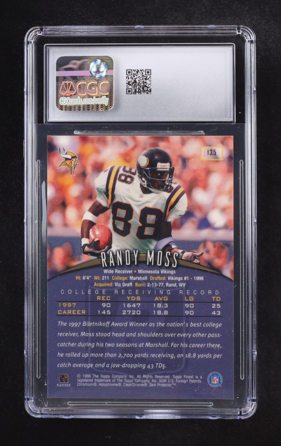 Randy Moss 1998 Topps Finest W/Coating #135 RC (CGC 8) at PristineAuction.com Randy Moss 1998 Topps Finest W/Coating #135 RC (CGC 8) at PristineAuction.com