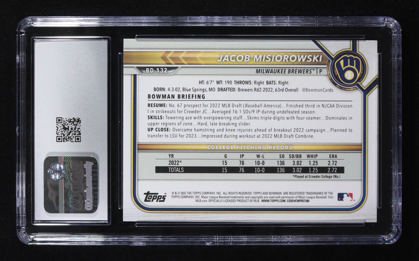 Jacob Misiorowski 2022 Bowman Draft #BD132 RC (CGC 10) at PristineAuction.com Jacob Misiorowski 2022 Bowman Draft #BD132 RC (CGC 10) at PristineAuction.com