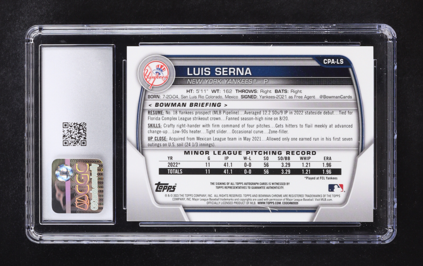 Luis Serna 2023 Bowman Chrome Prospect Autographs Green Refractor #CPA-LS RC #80/99 (CGC 10 | Autograph Graded 10) at PristineAuction.com Luis Serna 2023 Bowman Chrome Prospect Autographs Green Refractor #CPA-LS RC #80/99 (CGC 10 | Autograph Graded 10) at PristineAuction.com