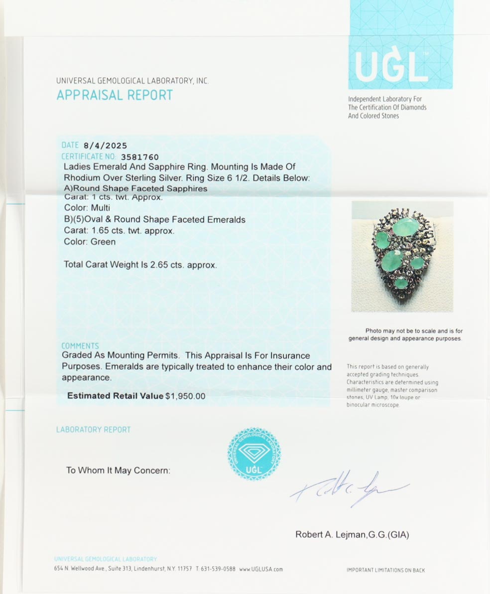 New 2.65 CTW Emerald & Sapphire Ring | Estimated Retail Value: $1,950 (UGL) at PristineAuction.com New 2.65 CTW Emerald & Sapphire Ring | Estimated Retail Value: $1,950 (UGL) at PristineAuction.com