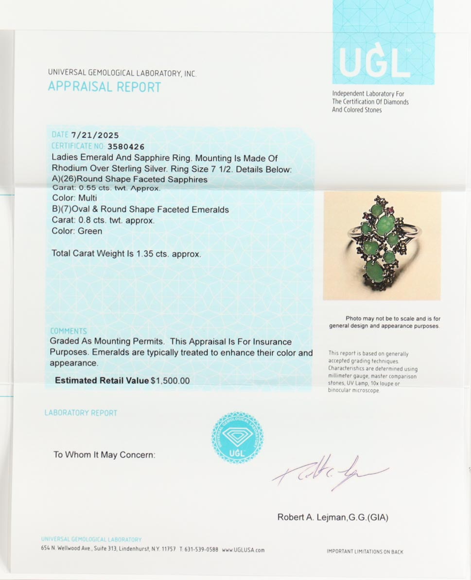 New 1.35 CTW Emerald & Sapphire Ring | Estimated Retail Value: $1,500 (UGL) at PristineAuction.com New 1.35 CTW Emerald & Sapphire Ring | Estimated Retail Value: $1,500 (UGL) at PristineAuction.com