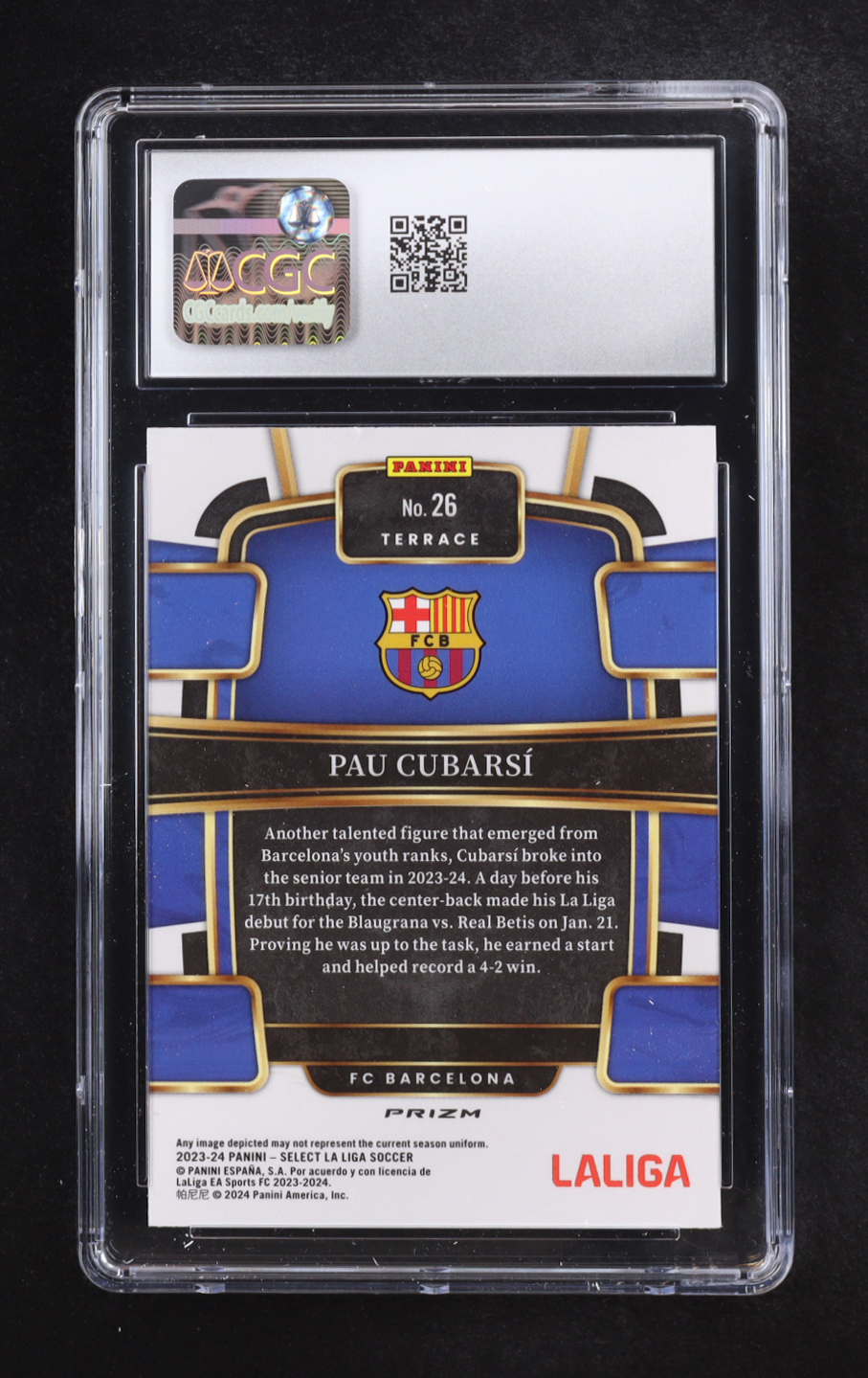 Pau Cubarsi 2023-24 Panini Select La Liga Purple Mojo Prizm #26 RC (CGC 9.5) at PristineAuction.com Pau Cubarsi 2023-24 Panini Select La Liga Purple Mojo Prizm #26 RC (CGC 9.5) at PristineAuction.com