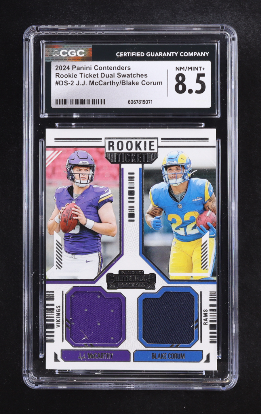 J.J. McCarthy/Blake Corum 2024 Panini Contenders Rookie Ticket Dual Swatches #DS-2 RC (CGC 8.5) at PristineAuction.com J.J. McCarthy/Blake Corum 2024 Panini Contenders Rookie Ticket Dual Swatches #DS-2 RC (CGC 8.5) at PristineAuction.com