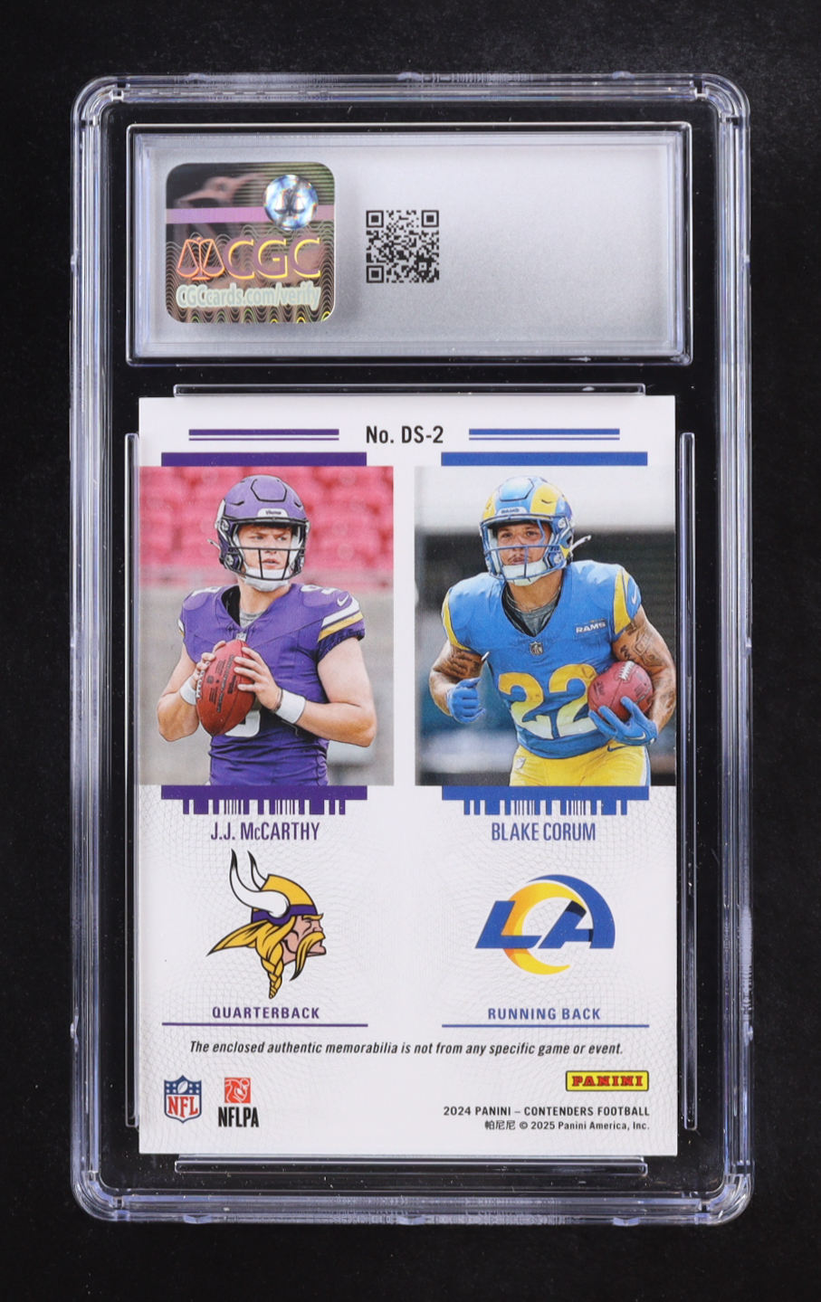 J.J. McCarthy/Blake Corum 2024 Panini Contenders Rookie Ticket Dual Swatches #DS-2 RC (CGC 8.5) at PristineAuction.com J.J. McCarthy/Blake Corum 2024 Panini Contenders Rookie Ticket Dual Swatches #DS-2 RC (CGC 8.5) at PristineAuction.com