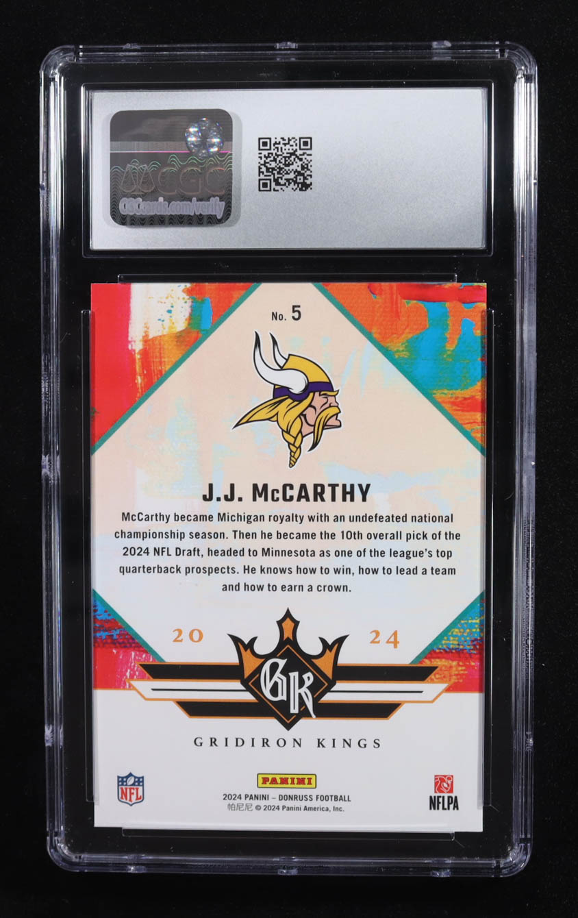 J.J. McCarthy 2024 Donruss Rookie Gridiron Kings #5 RC (CGC 10) at PristineAuction.com J.J. McCarthy 2024 Donruss Rookie Gridiron Kings #5 RC (CGC 10) at PristineAuction.com
