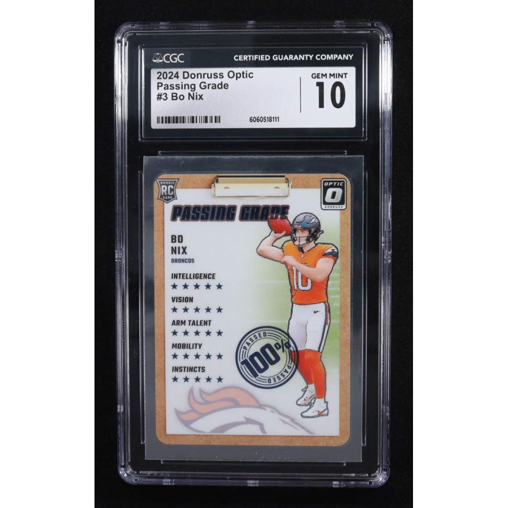Bo Nix 2024 Donruss Optic Passing Grade #3 RC (CGC 10) at PristineAuction.com Bo Nix 2024 Donruss Optic Passing Grade #3 RC (CGC 10) at PristineAuction.com