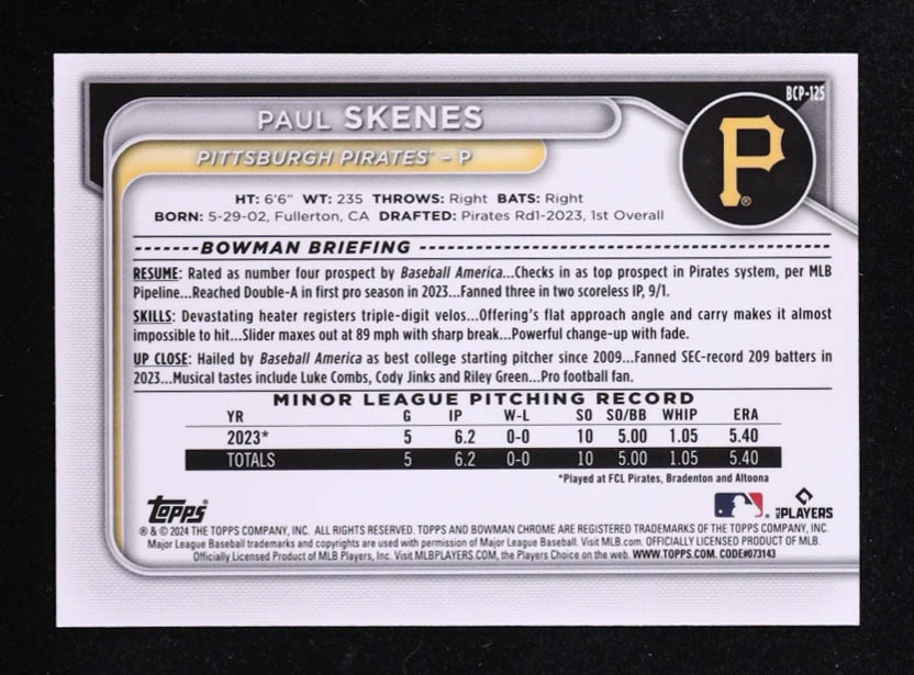 Paul Skenes 2024 Bowman Chrome Prospects Lunar Glow Refractors #BCP125 RC at PristineAuction.com Paul Skenes 2024 Bowman Chrome Prospects Lunar Glow Refractors #BCP125 RC at PristineAuction.com