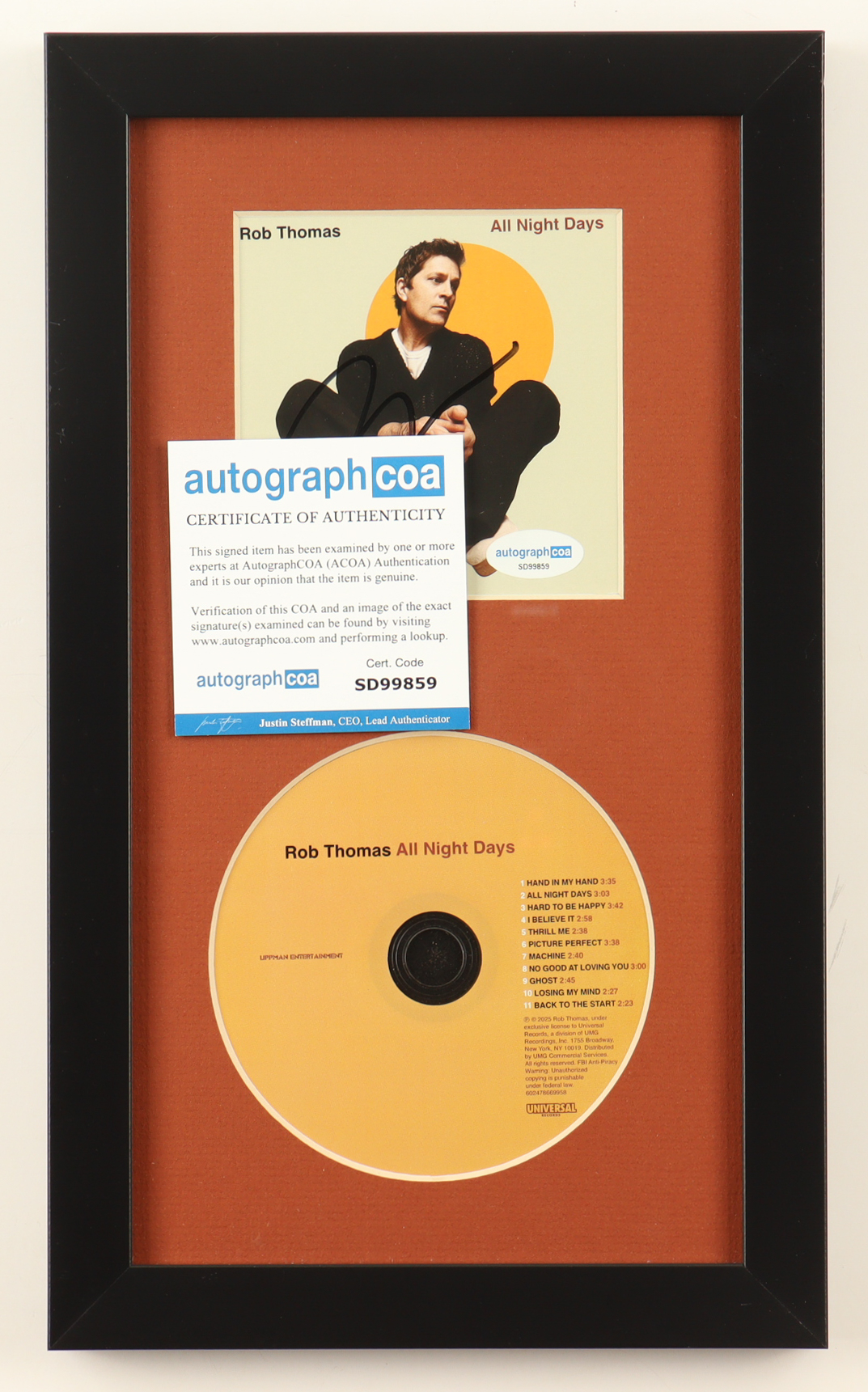 Rob Thomas Signed "All Night Days" Custom Framed CD Insert Display (ACOA) at PristineAuction.com Rob Thomas Signed "All Night Days" Custom Framed CD Insert Display (ACOA) at PristineAuction.com