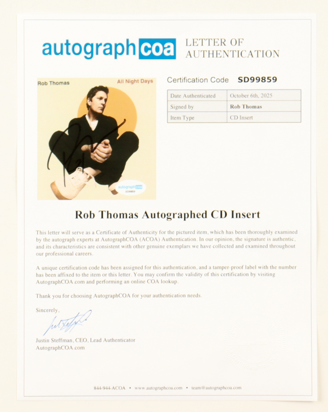 Rob Thomas Signed "All Night Days" Custom Framed CD Insert Display (ACOA) at PristineAuction.com Rob Thomas Signed "All Night Days" Custom Framed CD Insert Display (ACOA) at PristineAuction.com