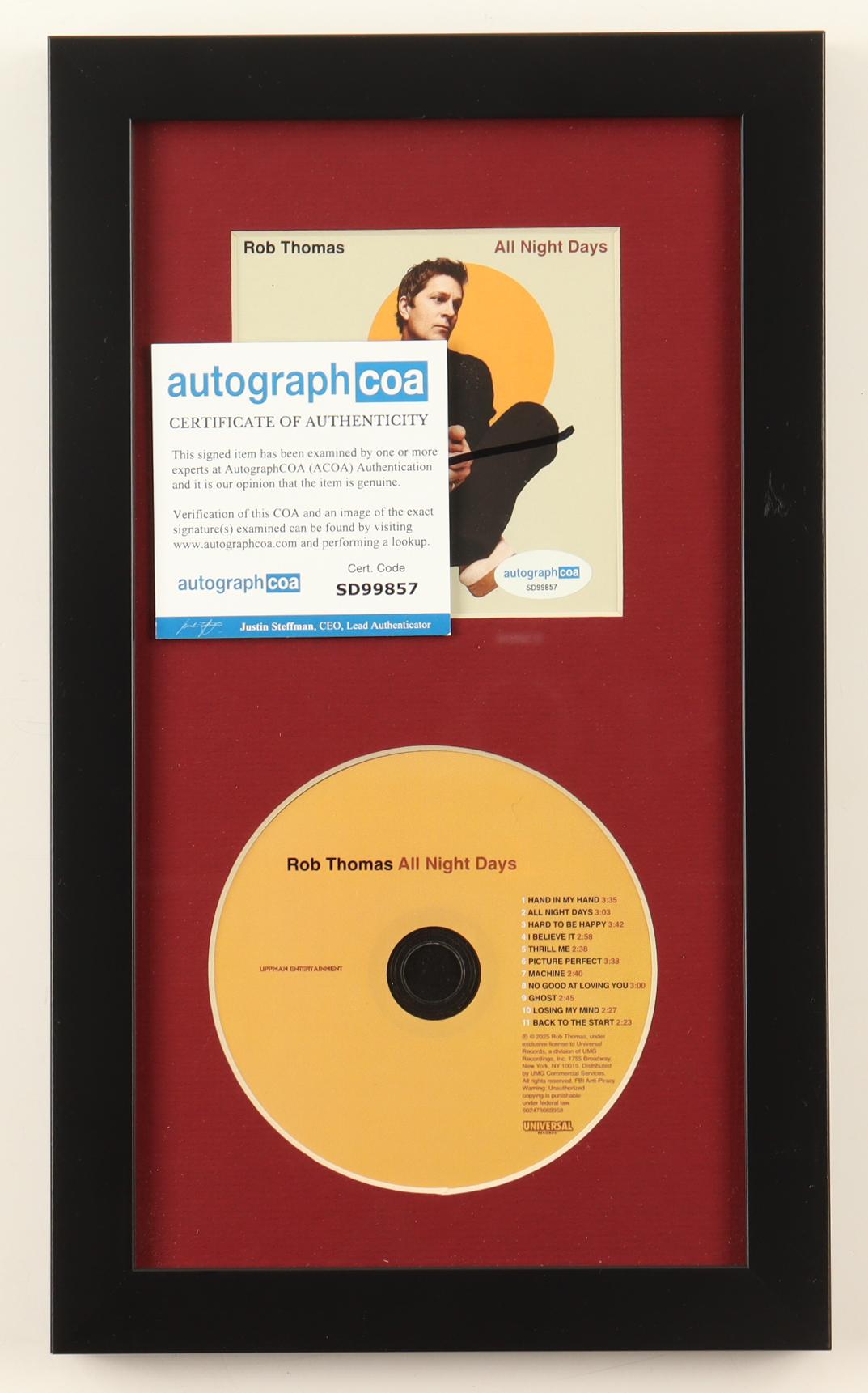Rob Thomas Signed "All Night Days" Custom Framed CD Insert Display (ACOA) at PristineAuction.com Rob Thomas Signed "All Night Days" Custom Framed CD Insert Display (ACOA) at PristineAuction.com