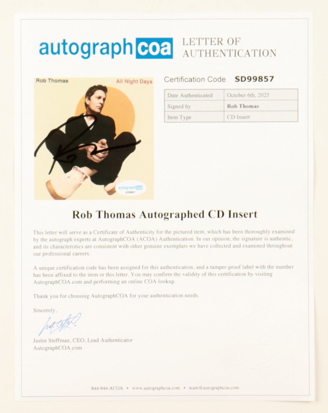 Rob Thomas Signed "All Night Days" Custom Framed CD Insert Display (ACOA) at PristineAuction.com Rob Thomas Signed "All Night Days" Custom Framed CD Insert Display (ACOA) at PristineAuction.com