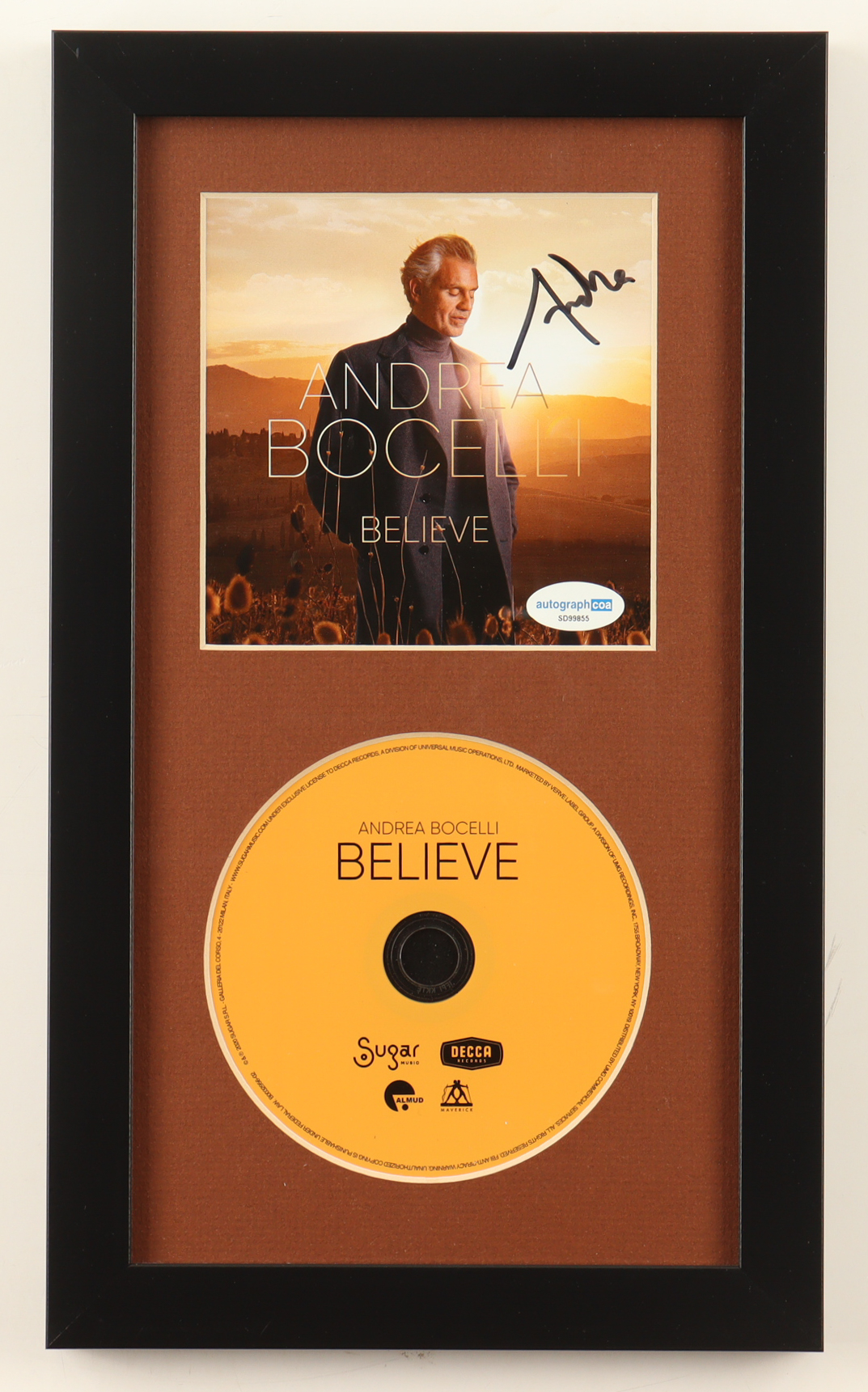Andrew Bocelli Signed "Believe" Custom Framed CD Insert Display (ACOA) at PristineAuction.com Andrew Bocelli Signed "Believe" Custom Framed CD Insert Display (ACOA) at PristineAuction.com