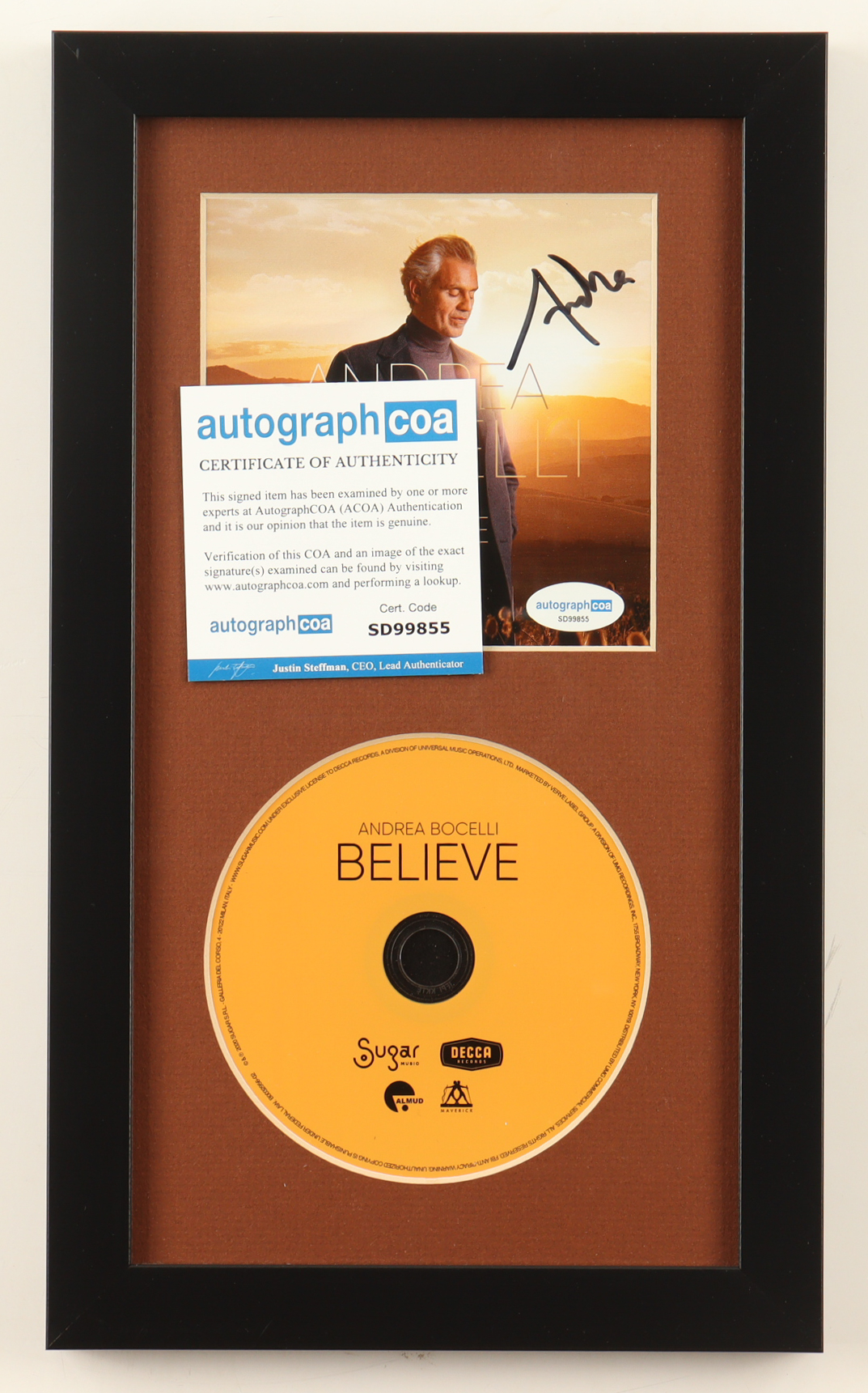 Andrew Bocelli Signed "Believe" Custom Framed CD Insert Display (ACOA) at PristineAuction.com Andrew Bocelli Signed "Believe" Custom Framed CD Insert Display (ACOA) at PristineAuction.com