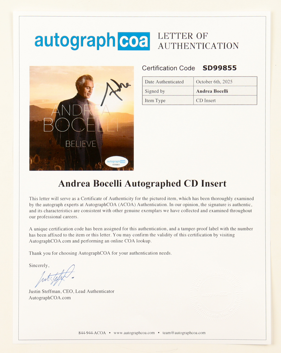 Andrew Bocelli Signed "Believe" Custom Framed CD Insert Display (ACOA) at PristineAuction.com Andrew Bocelli Signed "Believe" Custom Framed CD Insert Display (ACOA) at PristineAuction.com