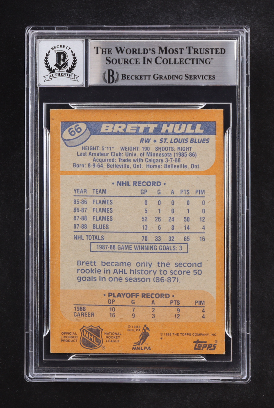 Brett Hull Signed 1988-89 Topps Inscribed "HOF 2009" Auto #66 RC (Beckett | Autograph Grade BGS 10) at PristineAuction.com Brett Hull Signed 1988-89 Topps Inscribed "HOF 2009" Auto #66 RC (Beckett | Autograph Grade BGS 10) at PristineAuction.com