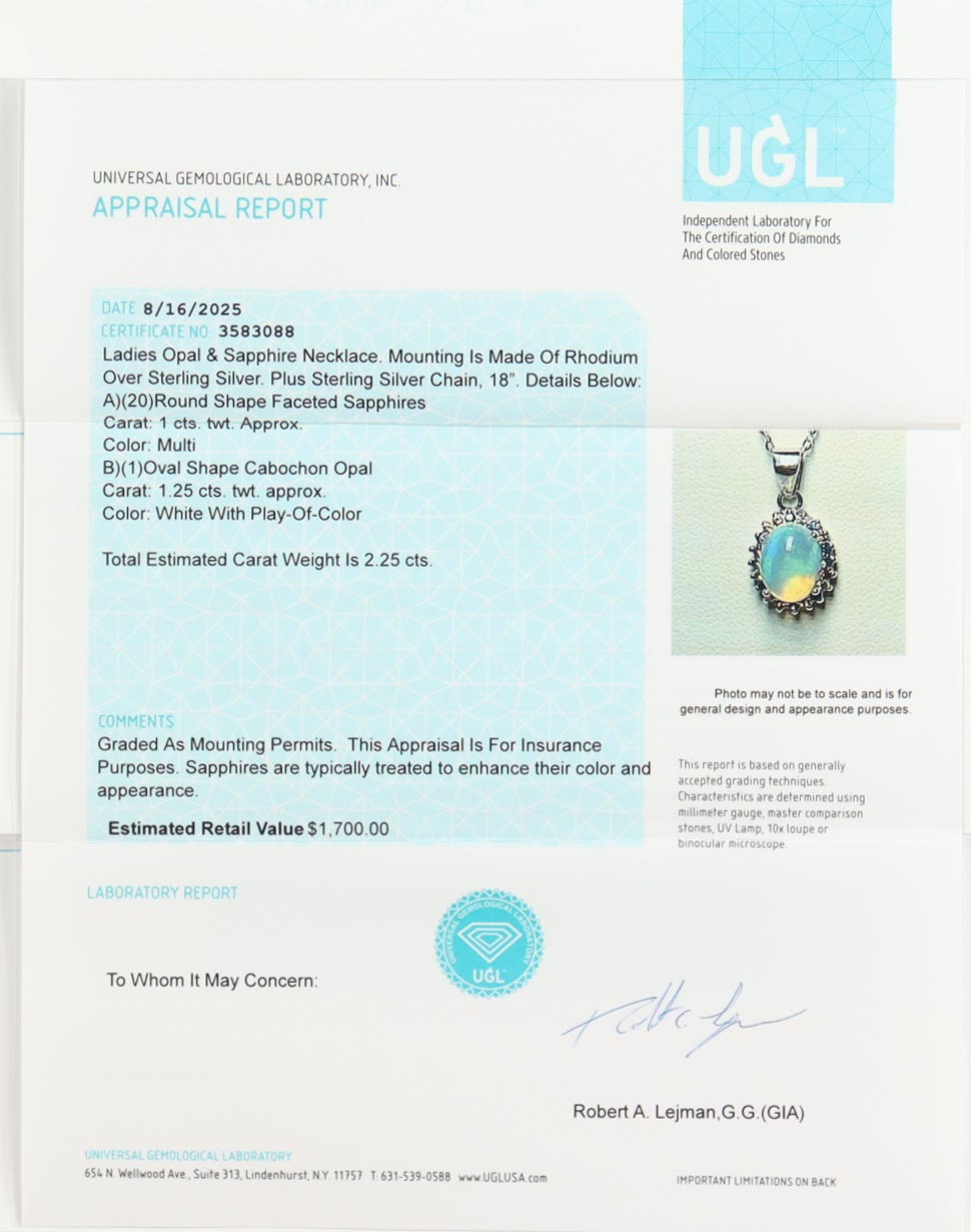 2.25 CTW Sapphire & Opal Necklace | Estimated Retail Value: $1,700 (UGL) at PristineAuction.com 2.25 CTW Sapphire & Opal Necklace | Estimated Retail Value: $1,700 (UGL) at PristineAuction.com