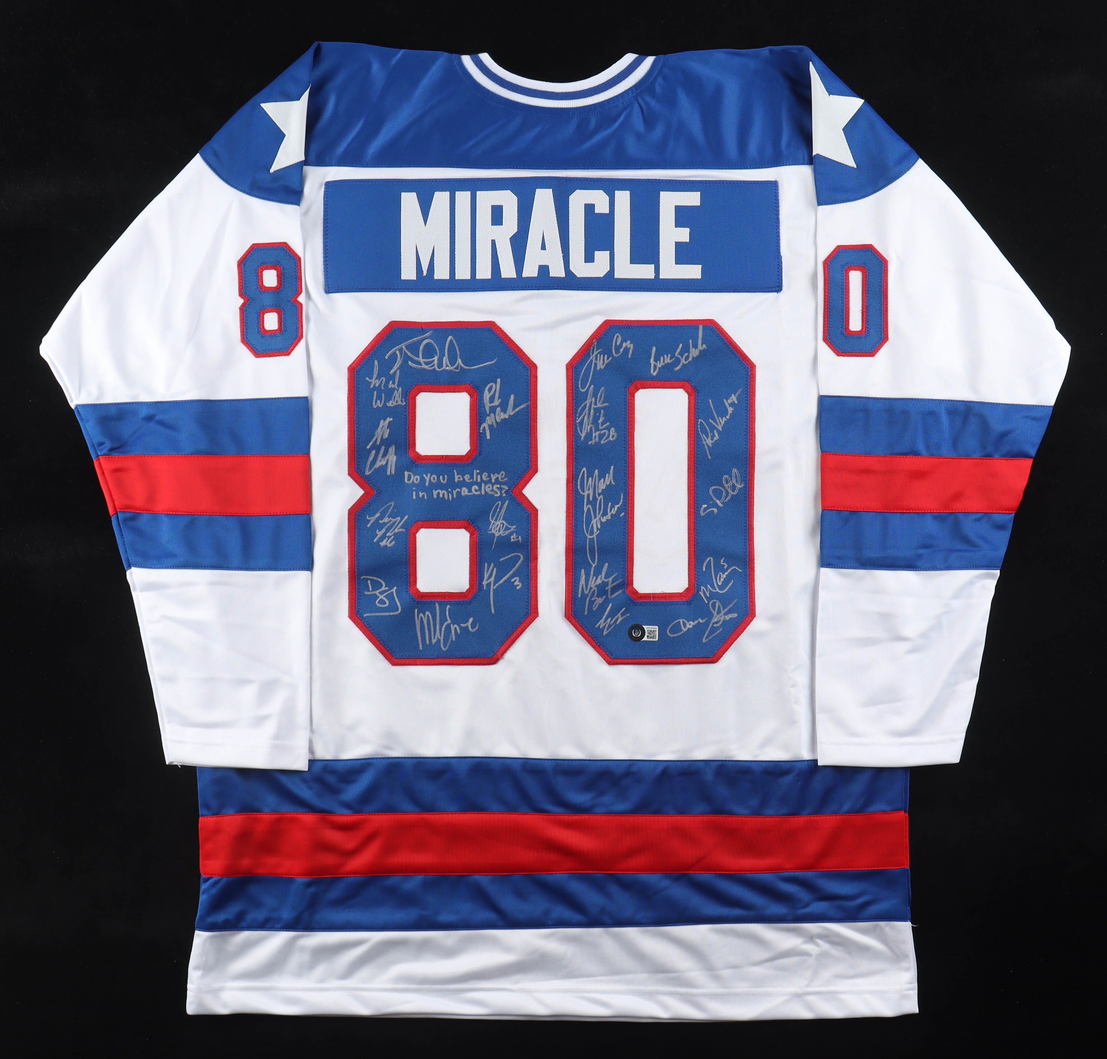 1980 Team USA | "Miracle on Ice" | Jersey Signed by (19) with Mike Eruzione, Jim Craig, Mark Johnson, Neal Broten & Inscribed "Do you Believe in Miracles?" (Beckett) at PristineAuction.com 1980 Team USA | "Miracle on Ice" | Jersey Signed by (19) with Mike Eruzione, Jim Craig, Mark Johnson, Neal Broten & Inscribed "Do you Believe in Miracles?" (Beckett) at PristineAuction.com