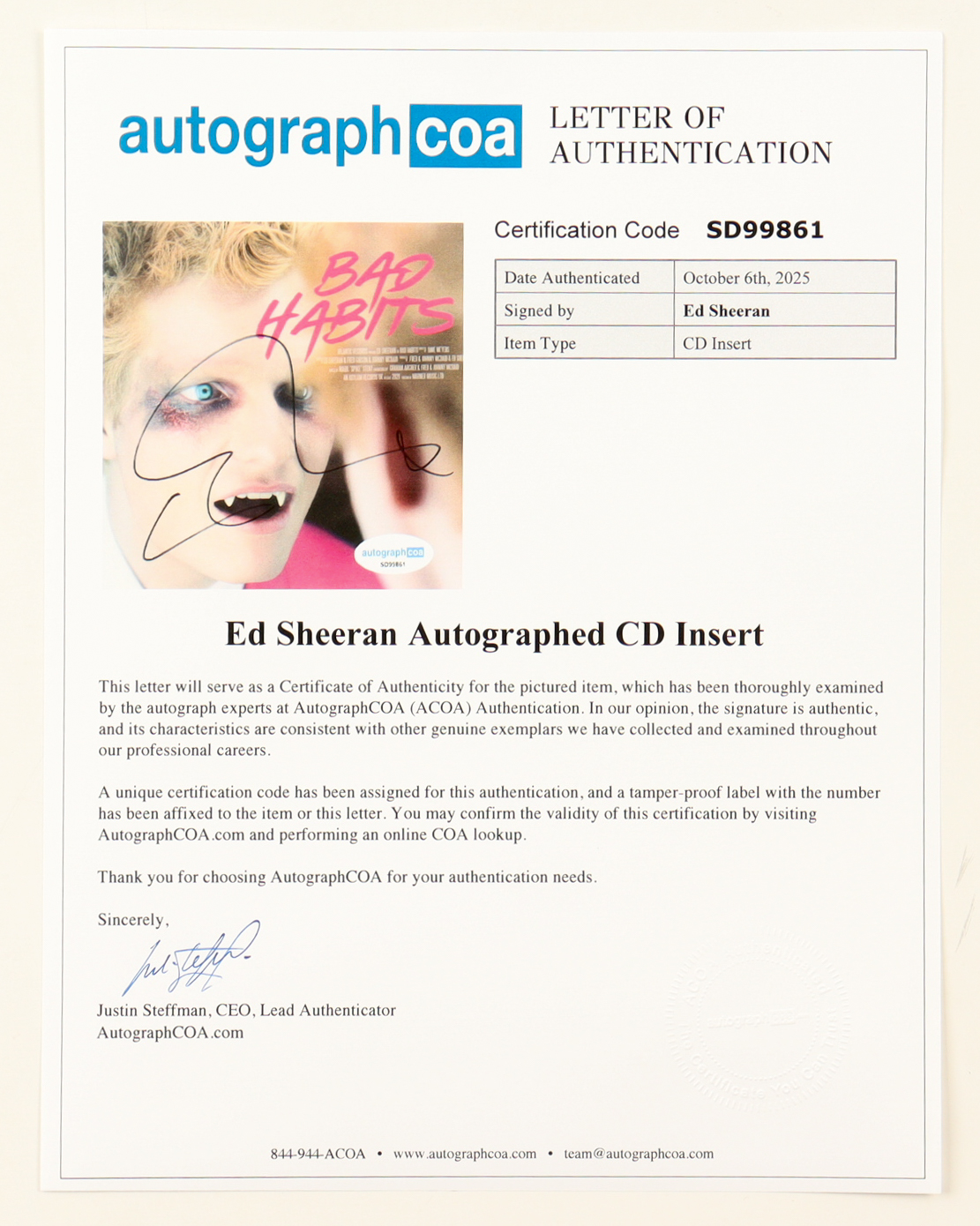 Ed Sheeran Signed "Bad Habits" Custom Framed CD Insert Display (ACOA) at PristineAuction.com Ed Sheeran Signed "Bad Habits" Custom Framed CD Insert Display (ACOA) at PristineAuction.com