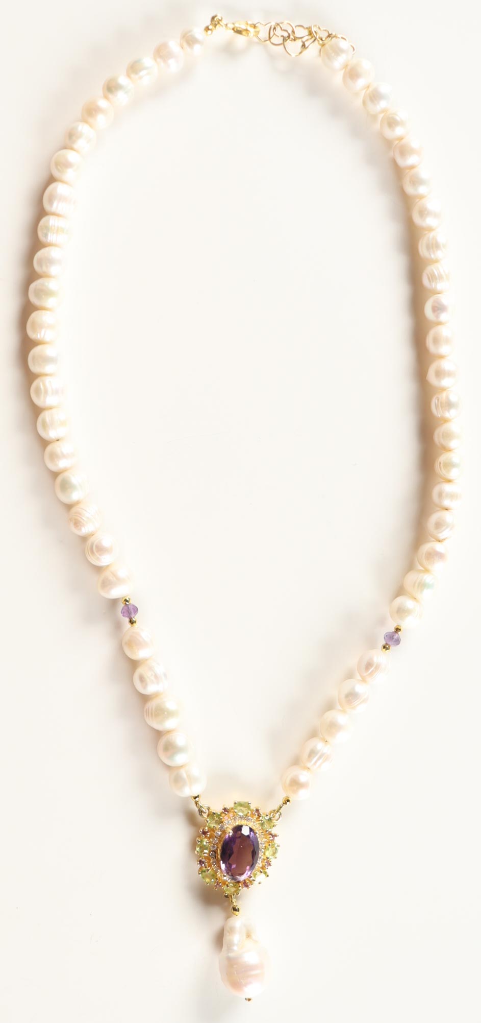 New Freshwater Cultured Pearl Necklace with 6.45 CTW of Amethyst, Sapphire & Zircon | Estimated Retail Value: $1,950 (UGL) at PristineAuction.com New Freshwater Cultured Pearl Necklace with 6.45 CTW of Amethyst, Sapphire & Zircon | Estimated Retail Value: $1,950 (UGL) at PristineAuction.com