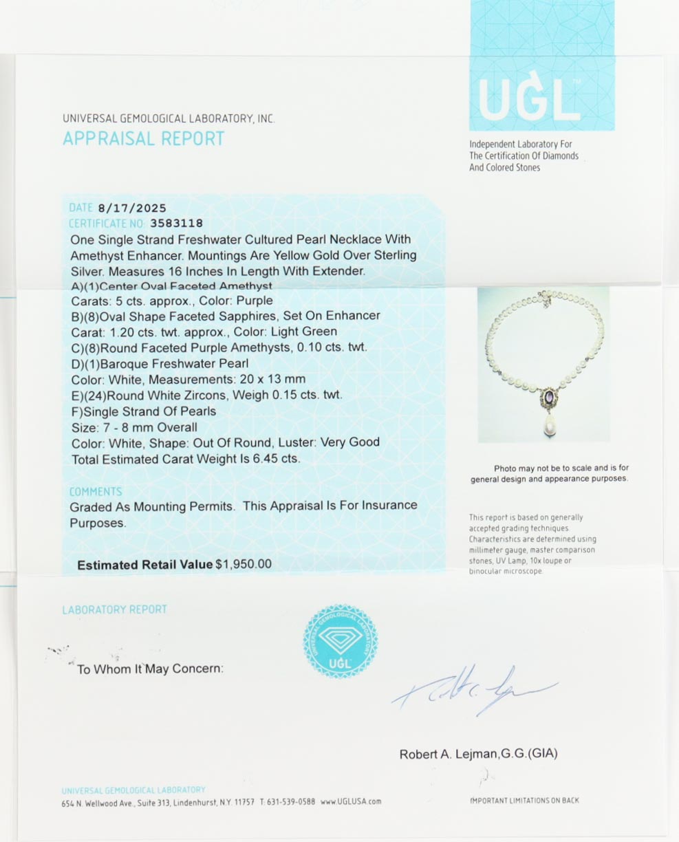 New Freshwater Cultured Pearl Necklace with 6.45 CTW of Amethyst, Sapphire & Zircon | Estimated Retail Value: $1,950 (UGL) at PristineAuction.com New Freshwater Cultured Pearl Necklace with 6.45 CTW of Amethyst, Sapphire & Zircon | Estimated Retail Value: $1,950 (UGL) at PristineAuction.com