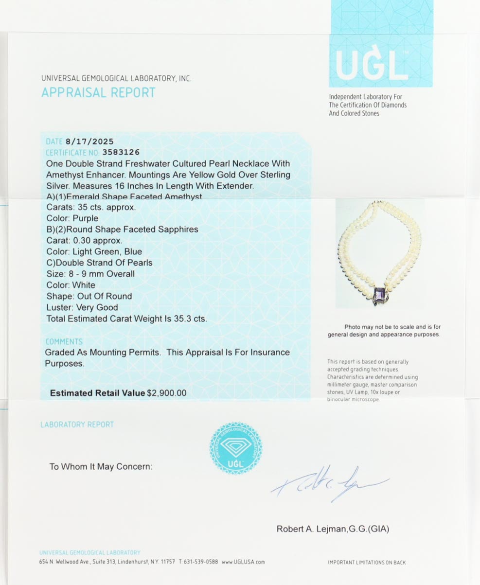 New Freshwater Cultured Pearl Necklace with 35.3 CTW of Amethyst & Sapphire | Estimated Retail Value: $2,900 (UGL) at PristineAuction.com New Freshwater Cultured Pearl Necklace with 35.3 CTW of Amethyst & Sapphire | Estimated Retail Value: $2,900 (UGL) at PristineAuction.com