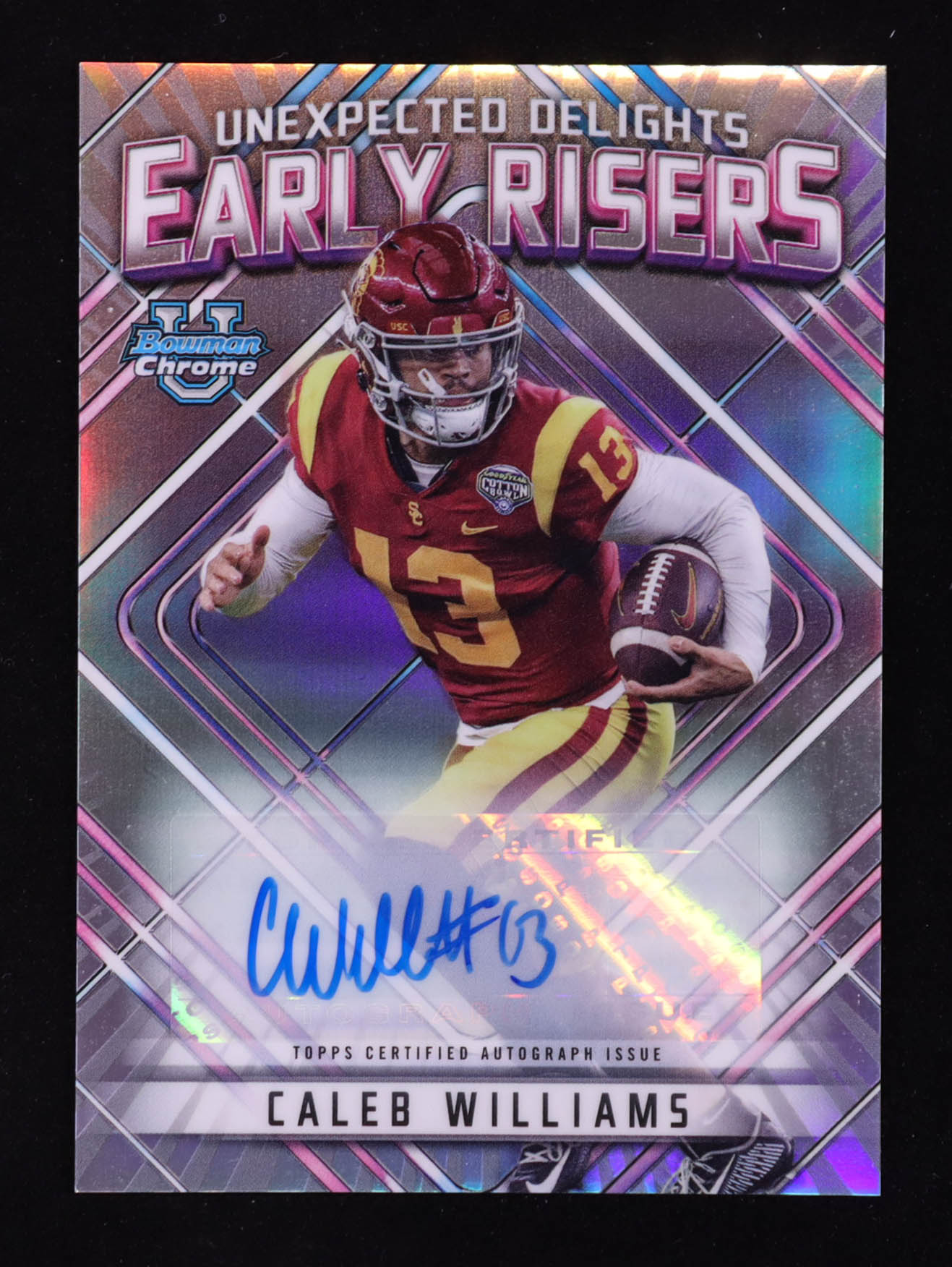 Caleb Williams 2023 Bowman Chrome University Unexpected Delights Early Risers Autographs Refractors #ER1 RC #37/99 at PristineAuction.com Caleb Williams 2023 Bowman Chrome University Unexpected Delights Early Risers Autographs Refractors #ER1 RC #37/99 at PristineAuction.com